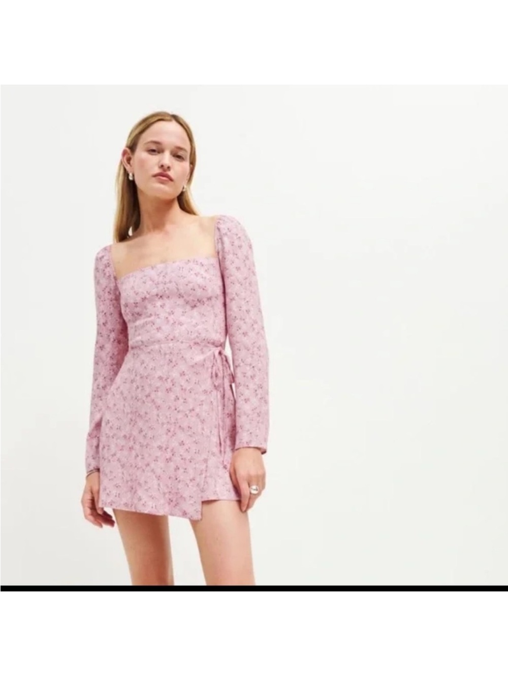 Reformation Pink Floral Square-Neck Long-Sleeve Mini Dress